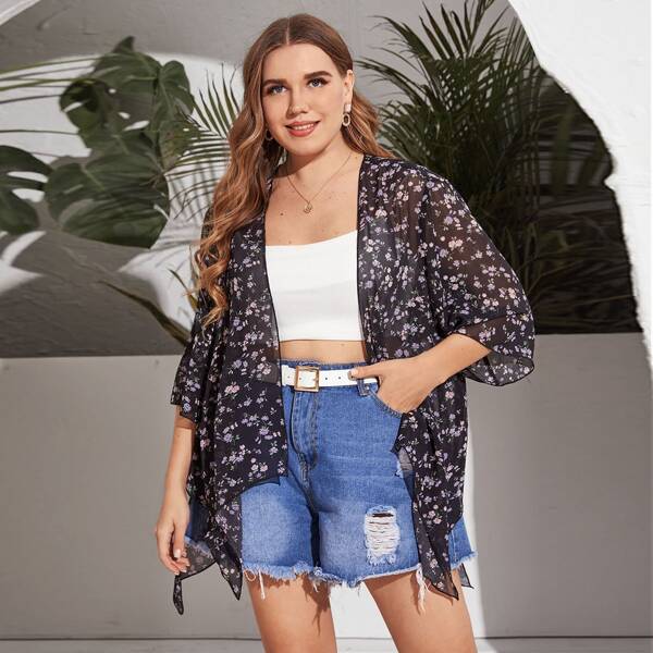 

Plus Ditsy Floral Sheer Chiffon Kimono, Multicolor