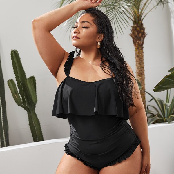 

Plus Ruffle Hem One Piece Swimsuit, Black