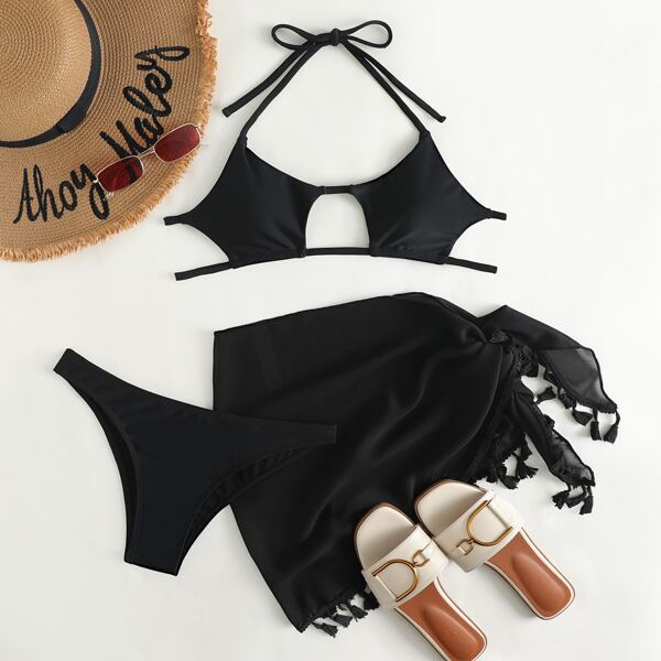 

3pack Cut Out Halter Bikini Swimsuit & Cover Up, Black