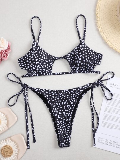 Swim Mod Summer Beach Dalmatian Pattern Bikini Set Tie Side Bottom 2 Piece Bathing Suit