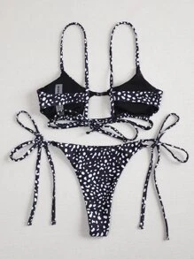 Swim Mod Summer Beach Dalmatian Pattern Bikini Set Tie Side Bottom 2 Piece Bathing Suit - Black and White - View 2