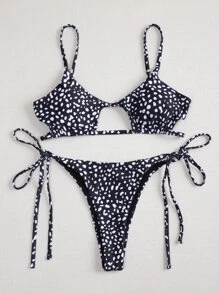 Swim Mod Summer Beach Dalmatian Pattern Bikini Set Tie Side Bottom 2 Piece Bathing Suit - Black and White - View 3