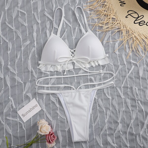 

Rib Ruffle Hem Lace-up Bikini Swimsuit, White
