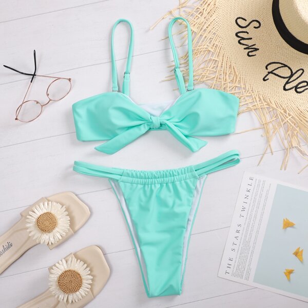

Knot Front Thong Bikini Swimsuit, Mint green