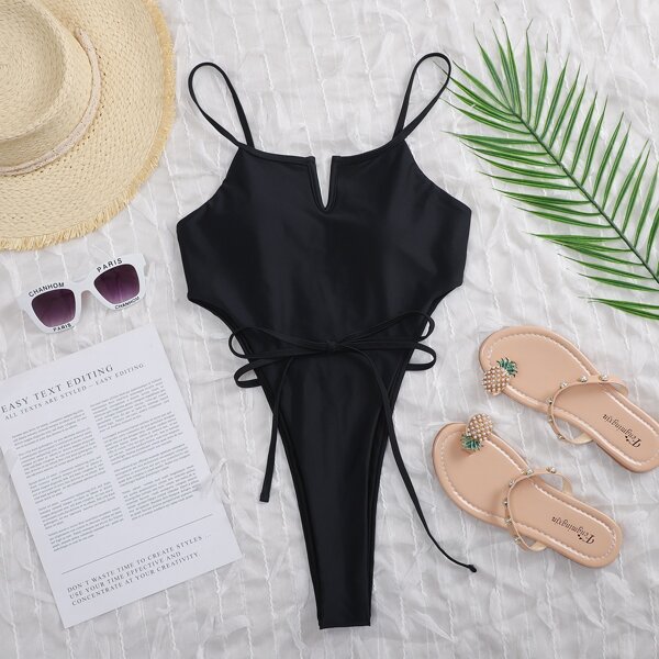

V Wired Knot High Cut One Piece Swimsuit, Black