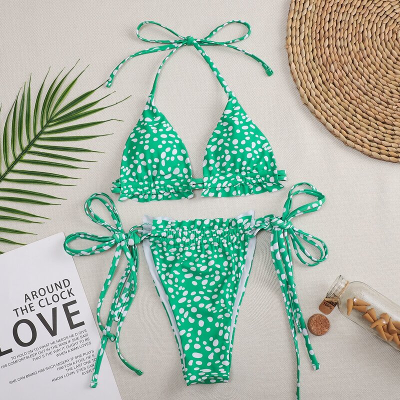 

Dalmatian Triangle Tie Side Bikini Swimsuit, Green