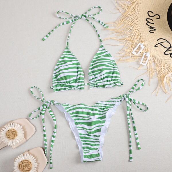 

Zebra Stripe Triangle Tie Side Bikini Swimsuit, Green
