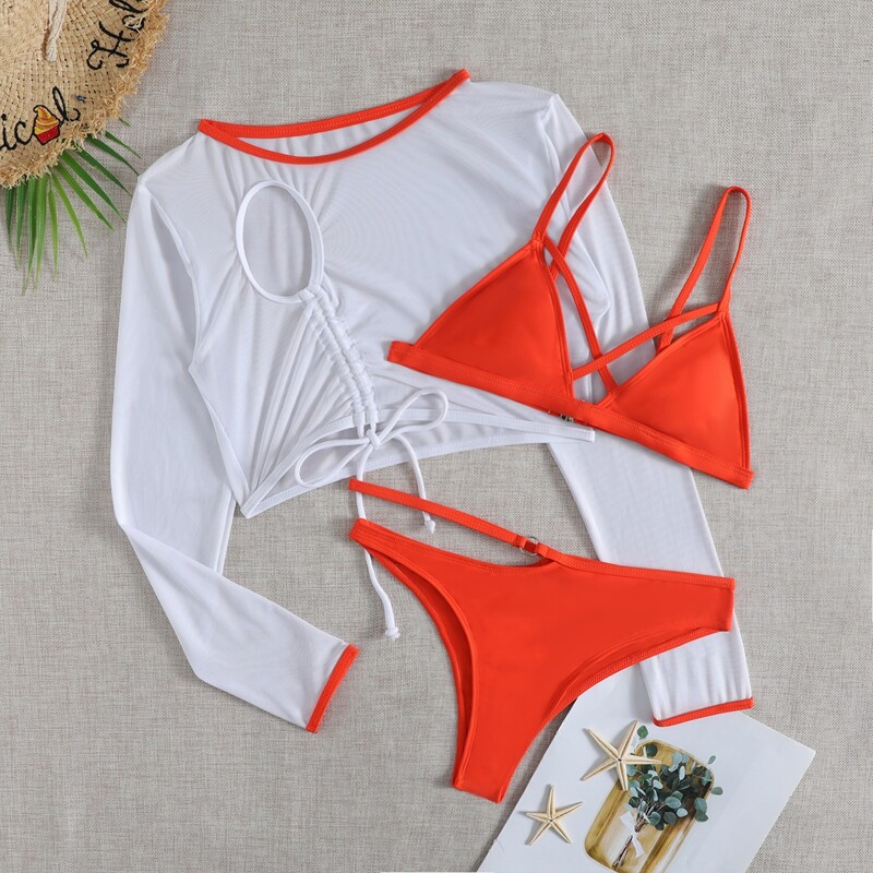

3pack Crisscross Bikini Swimsuit & Drawstring Mesh Top, Multicolor
