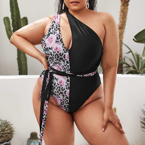 

Plus Floral & Leopard One Shoulder One Piece Swimsuit, Multicolor