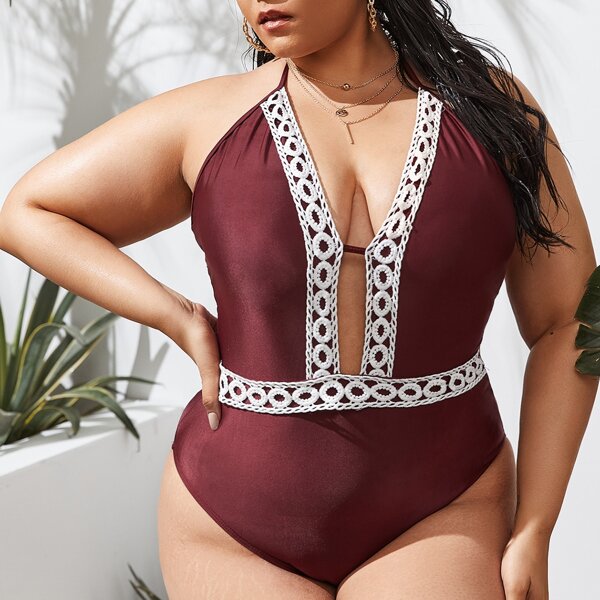 

Plus Crochet Trim One Piece Swimsuit, Burgundy
