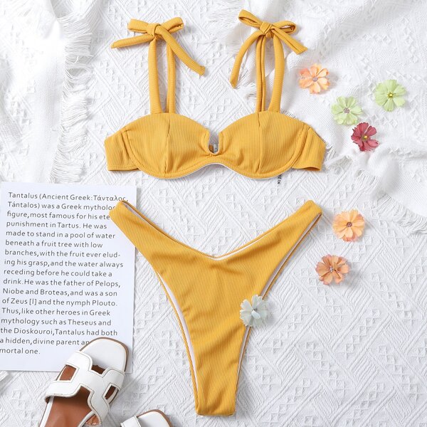 

Rib Tie Shoulder Underwire Bikini Swimsuit, Yellow