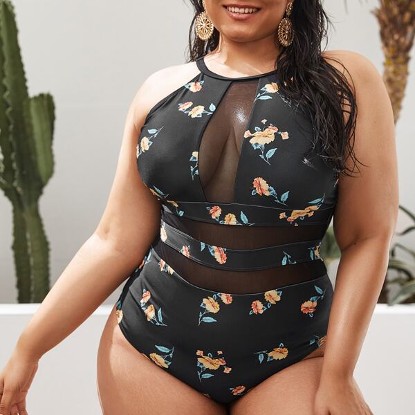 

Plus Floral Mesh Insert One Piece Swimsuit, Black