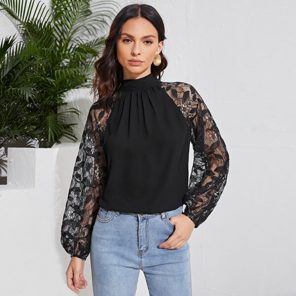 

Lace Raglan Sleeve Tie Back Blouse, Black