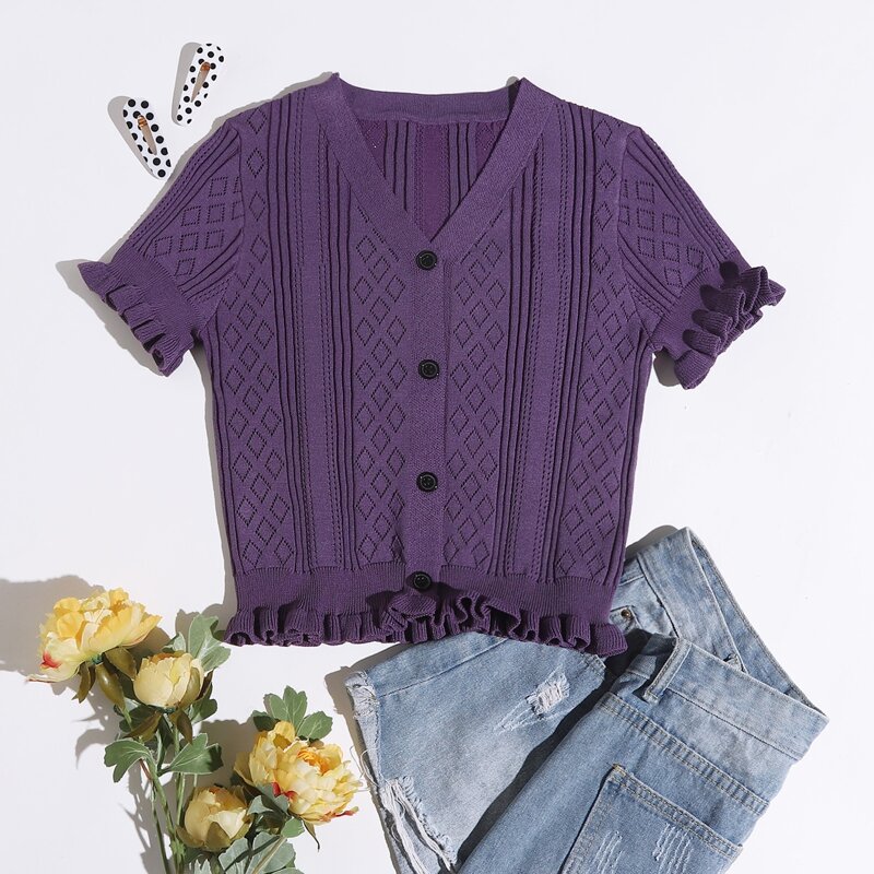 

Ruffle Trim Button Up Cardigan, Purple
