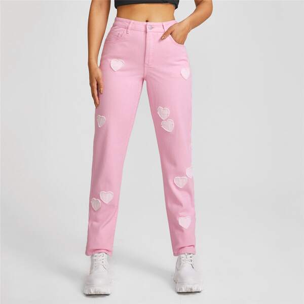 

High Waist Heart Patch Straight Jeans, Baby pink