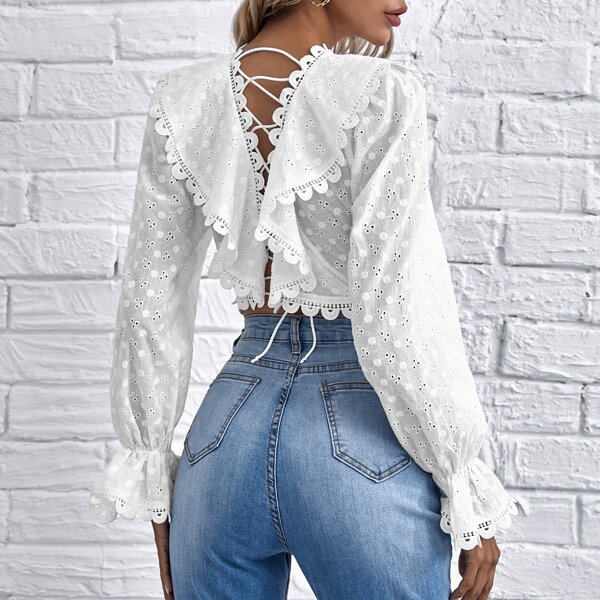 

Flounce Sleeve Lace Up Back Ruffle Trim Schiffy Blouse, White