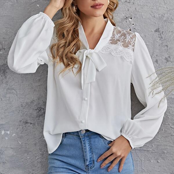 

Tie Neck Embroidery Mesh Yoke Blouse, White