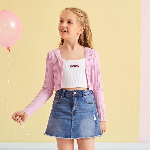 

Girls Single Breasted Solid Crop Cardigan, Pastel baby pink