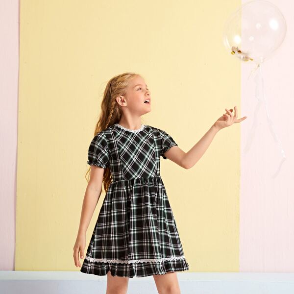 

Girls Tartan Contrast Lace Puff Sleeve Dress, Multicolor