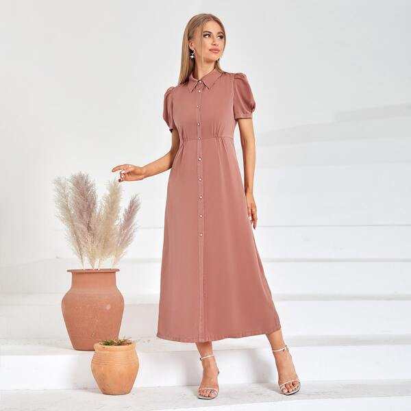 

Solid Puff Sleeve Satin Shirt Dress, Redwood