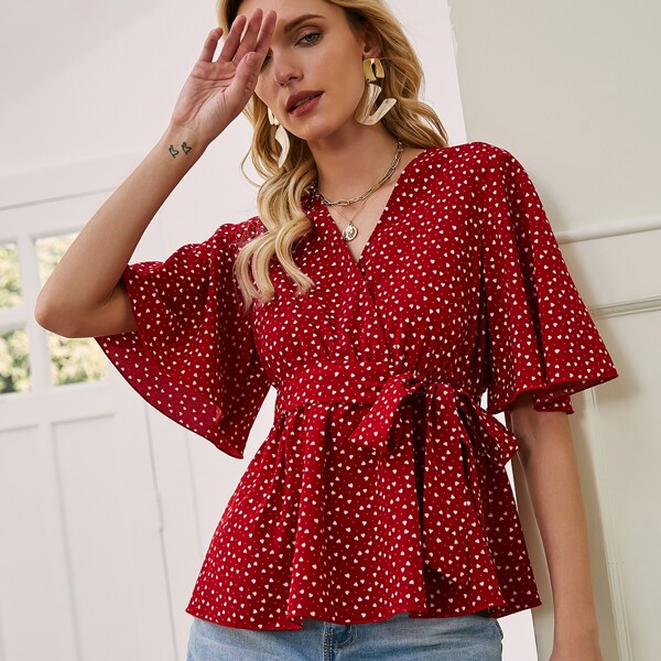 

Surplice Front Allover Heart Belted Blouse, Burgundy