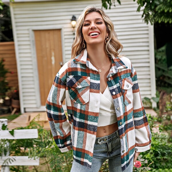 

Plaid Button Through Flap Pocket Overcoat, Multicolor