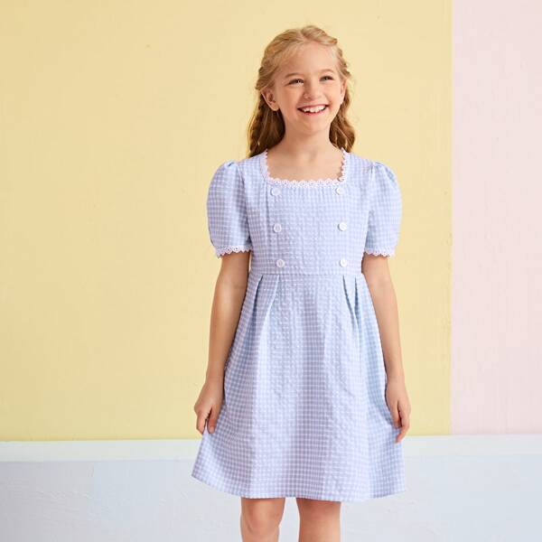

Girls Gingham Contrast Lace Double Button Dress, Blue and white