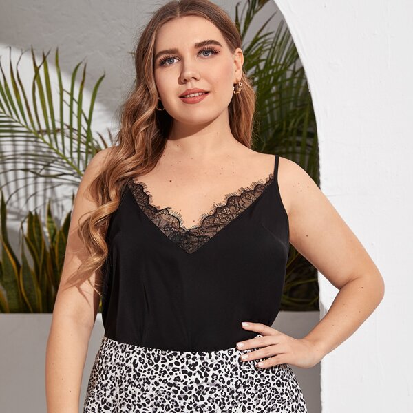 

Plus Solid Double V-Neck Lace Trim Cami Top, Black