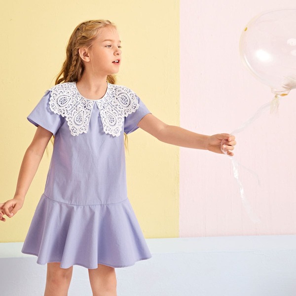 

Girls Statement Lace Collar Ruffle Hem Dresses, Lilac purple