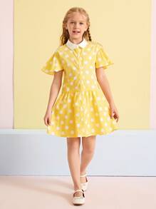 SHEIN Girls Ruffle Cuff Polka Dot Dress - Yellow - View 1