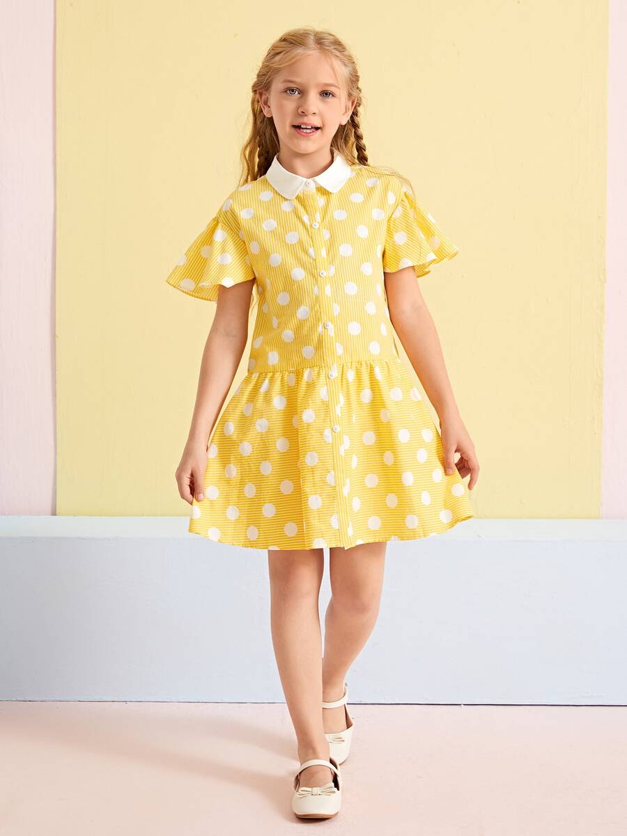 SHEIN Girls Ruffle Cuff Polka Dot Dress - Yellow - View 1