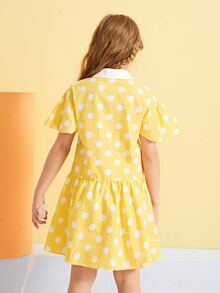 SHEIN Girls Ruffle Cuff Polka Dot Dress - Yellow - View 2