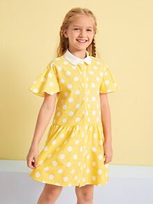 SHEIN Girls Ruffle Cuff Polka Dot Dress - Yellow - View 3