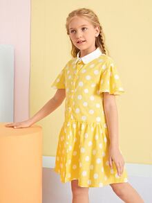SHEIN Girls Ruffle Cuff Polka Dot Dress - Yellow - View 4