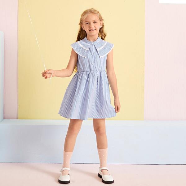 

Girls Lace Trim Striped Dress, Blue and white