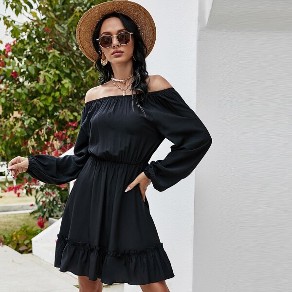 

Solid Tie Back Ruffle Hem Dress, Black