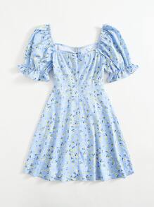Soleia 泡泡袖前抽褶小碎花連衣裙 - 淺藍色 - 查看 2