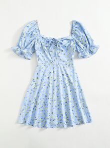 Soleia 泡泡袖前抽褶小碎花連衣裙 - 淺藍色 - 查看 3