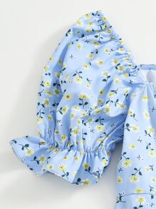 Soleia 泡泡袖前抽褶小碎花連衣裙 - 淺藍色 - 查看 5