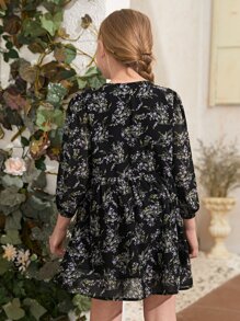 SHEIN Girls Button Front Floral Dress - Black - View 2