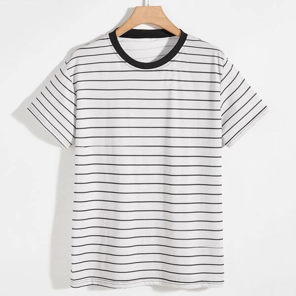 

Men Contrast Binding Striped Tee, White