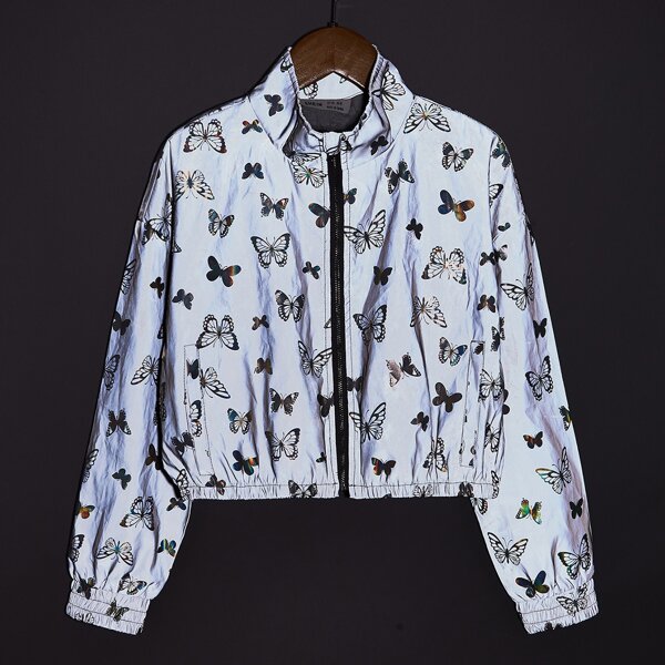 

Girls Zip Up Butterfly Print Reflective Jacket, Dark grey