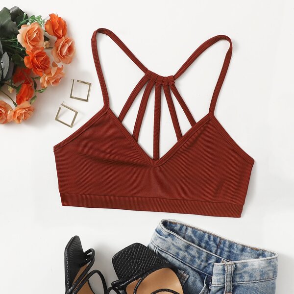 

Halterneck Cut-out Back Rib-knit Crop Top, Burnt orange