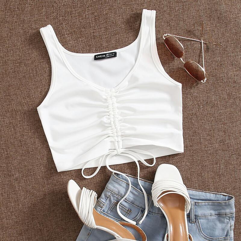 

Ruched Drawstring Knot Tank Crop Top, White
