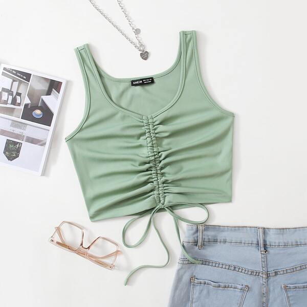 

Ruched Drawstring Knot Tank Crop Top, Mint green