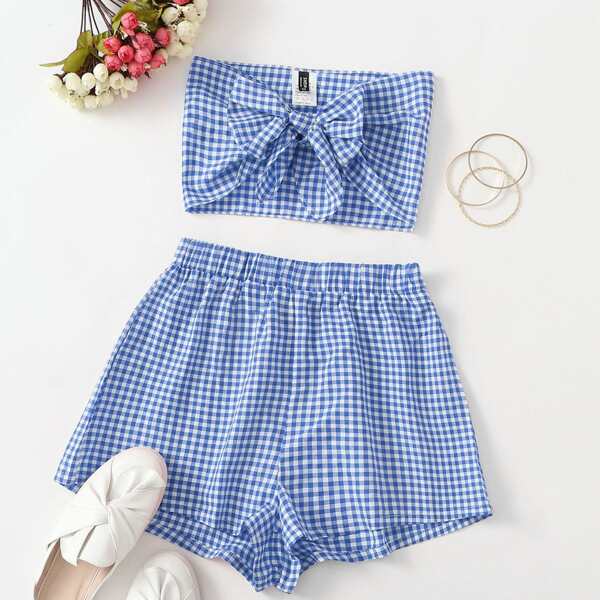 

Gingham Tie Front Top & Shorts Set, Blue and white