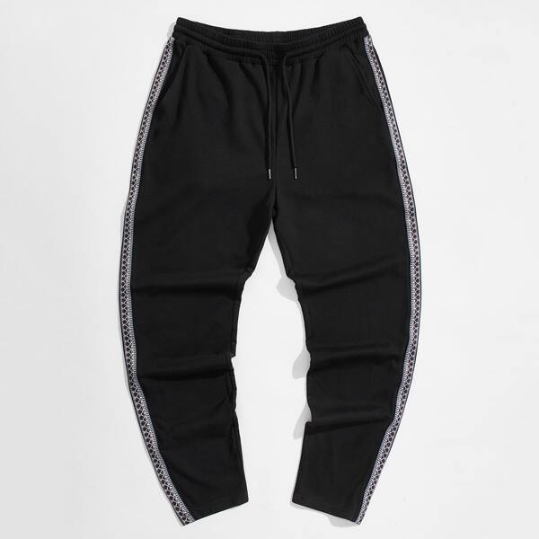 

Men Tape Side Drawstring Waist Pants, Black