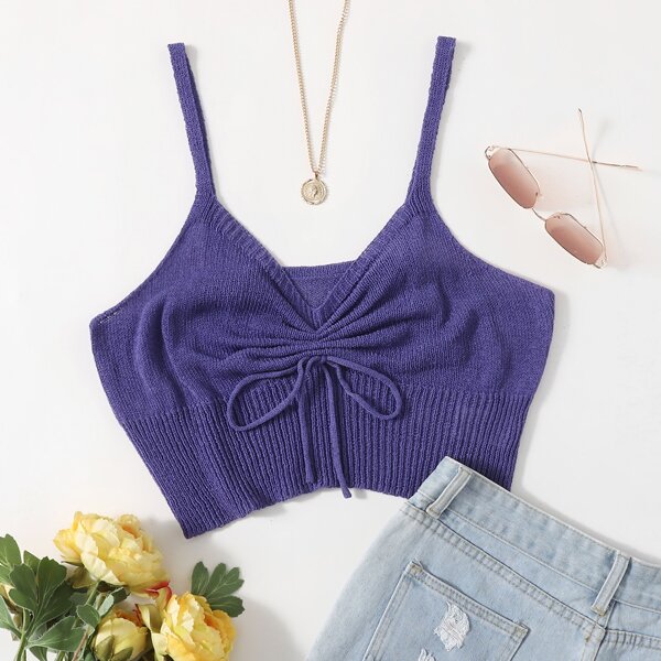 

Plus Ruched Tie Front Cami Knit Top, Violet purple