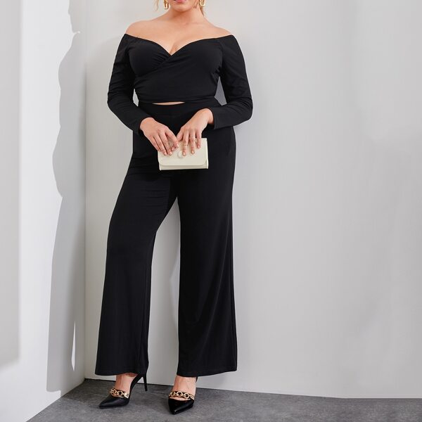 

Plus Off Shoulder Wrap Solid Tee & Pants Set, Black