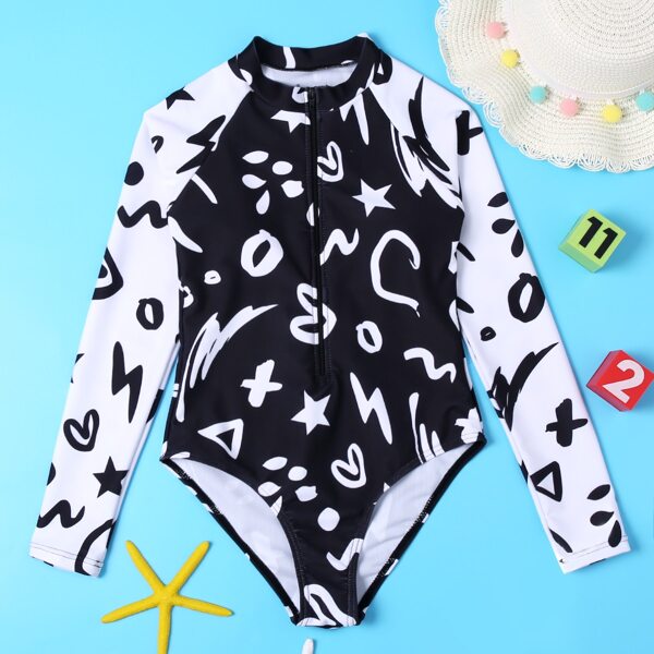 

Girls Allover Graphic One Piece Swimsuit, Black and white